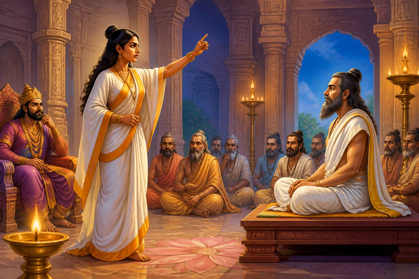 Gargi questioning Yajnavalkya in Janaka's hall