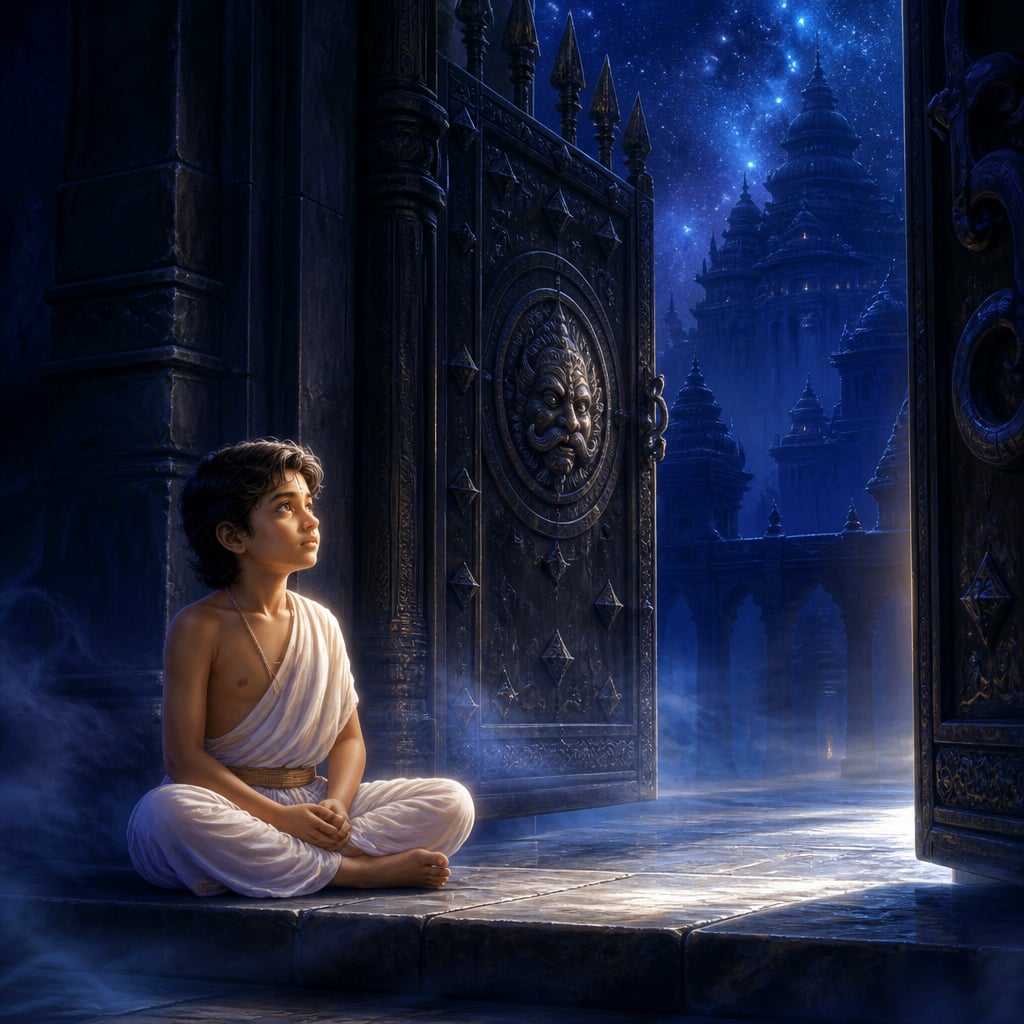 Young Nachiketa waiting at the iron gate of Yama