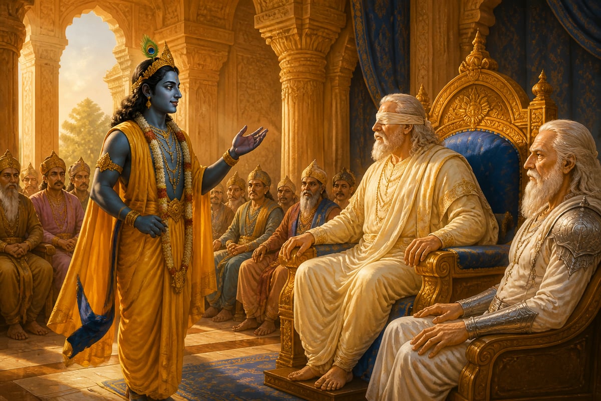 Krishna performs the reframe in the Hastinapura peace embassy