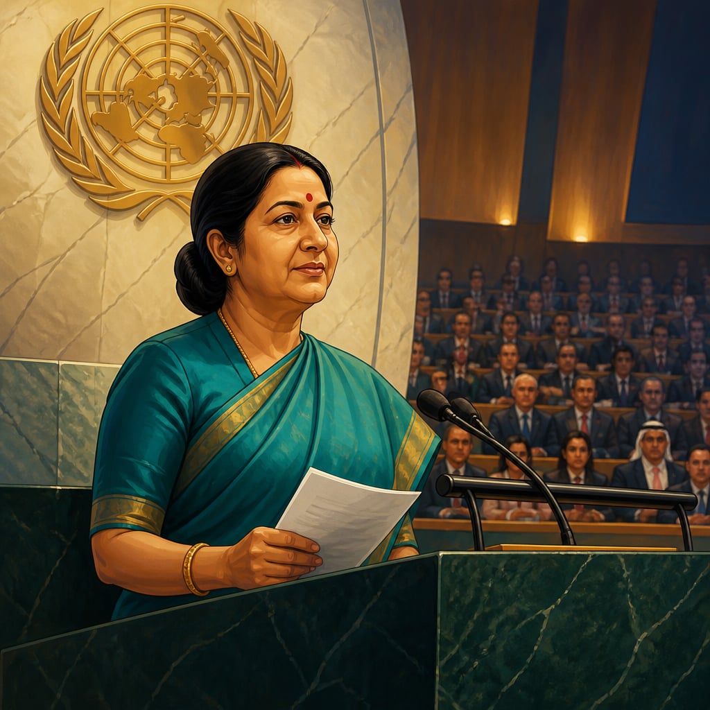 Sushma Swaraj at the United Nations General Assembly podium