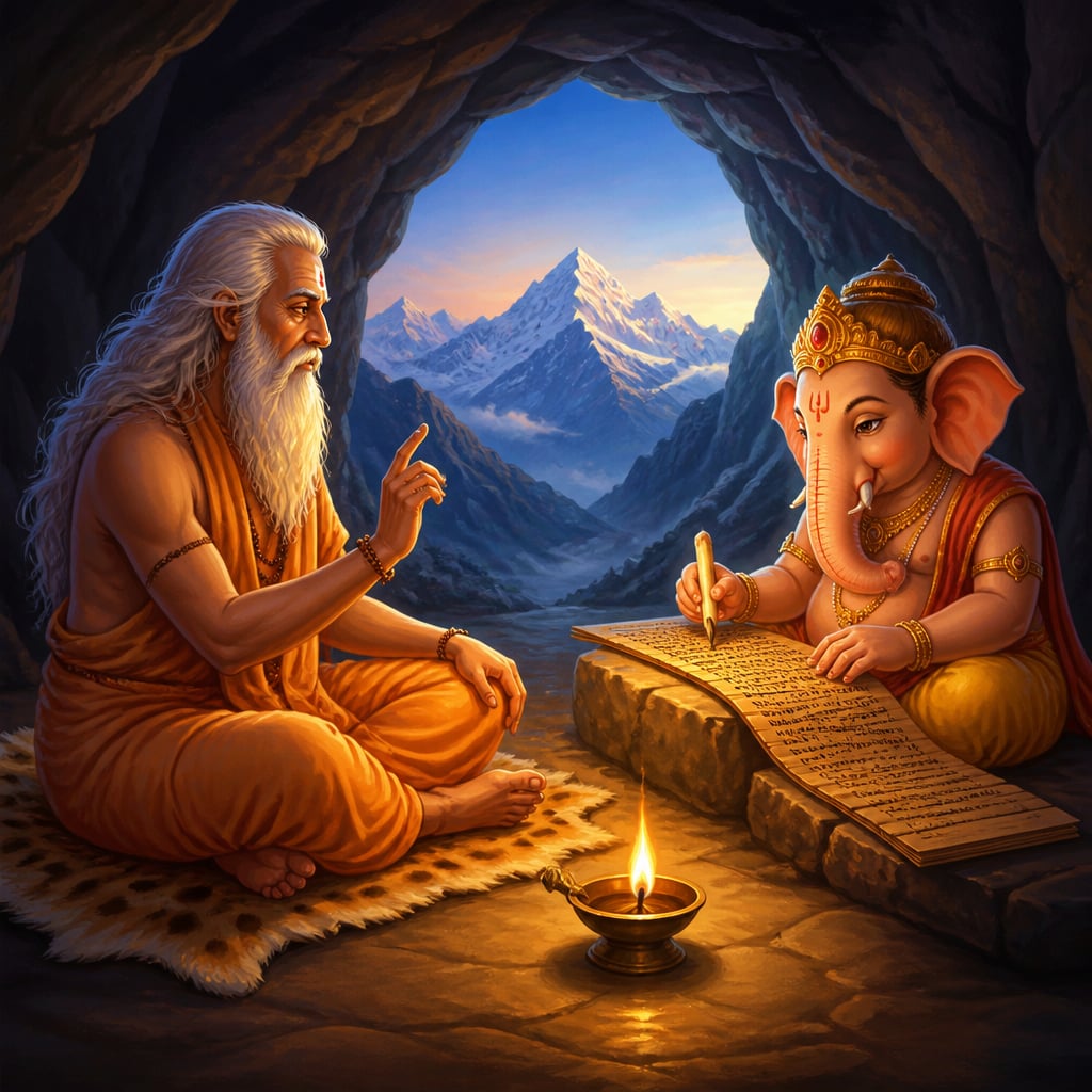 Sage Vyasa dictating the Mahabharata to Ganesha in a Himalayan cave