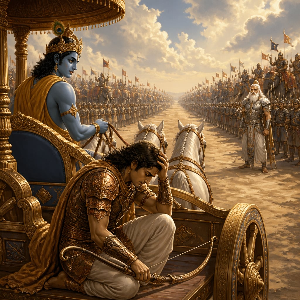 Arjuna kneels collapsed in his chariot at Kurukshetra, bow lowered, Krishna at the reins looking back