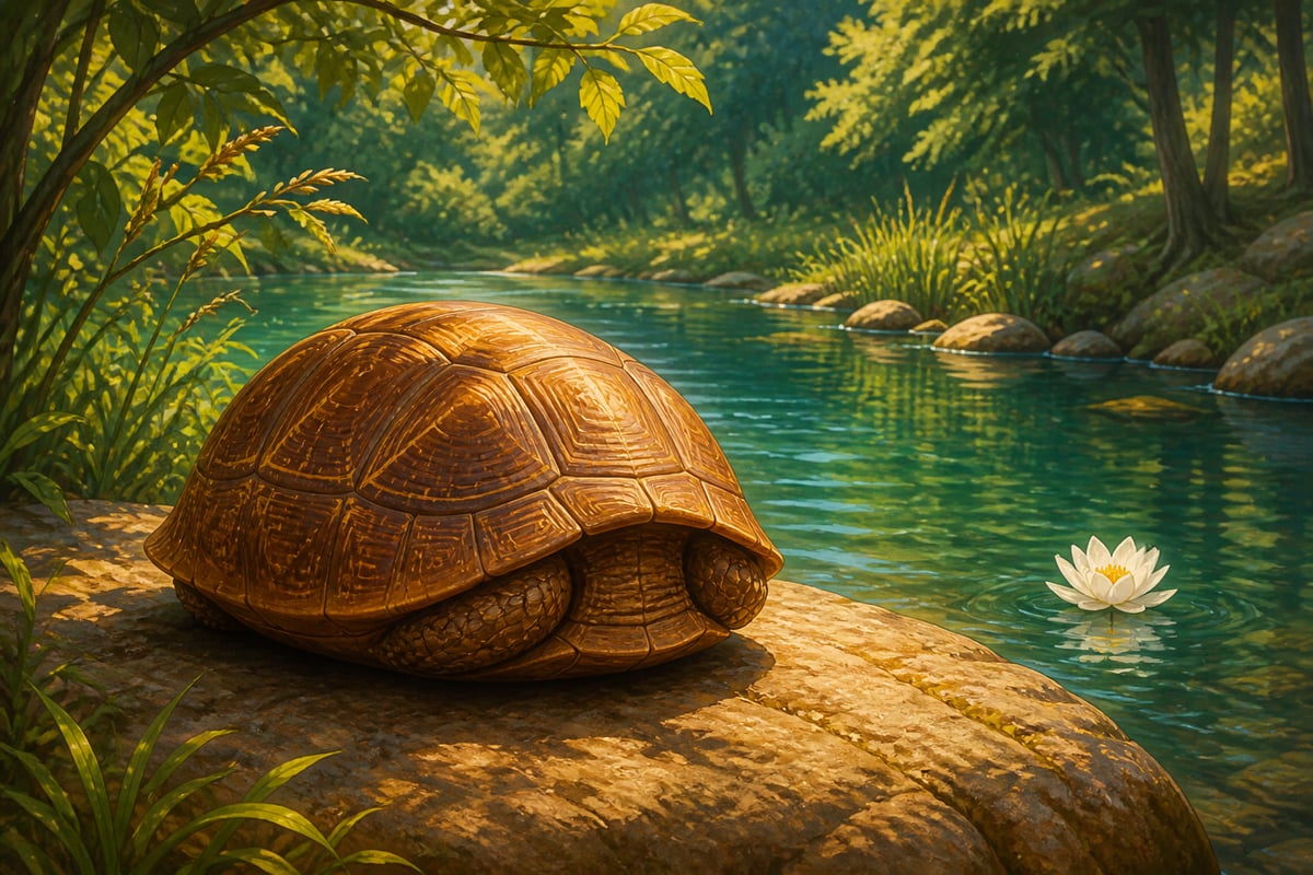 Tortoise with limbs withdrawn into shell on river rock
