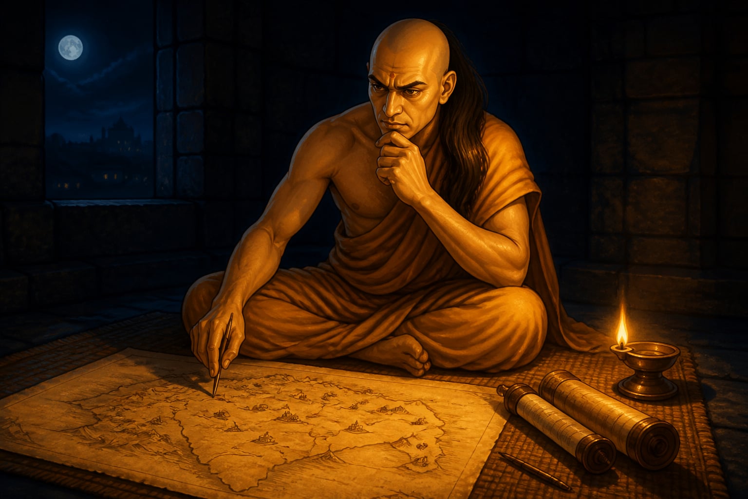 Chanakya studying palm-leaf strategy map by lamplight at midnight