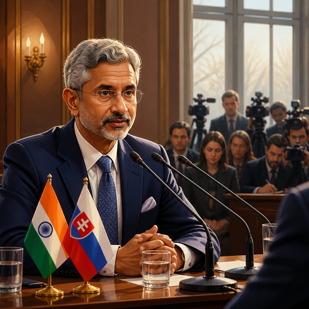 S. Jaishankar at a Bratislava press table, calmly answering a European journalist