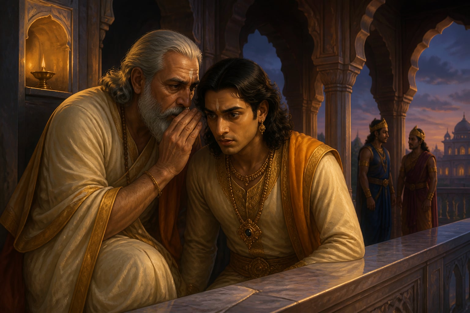 Vidura whispering coded Mleccha-bhasha warning to Yudhishthira