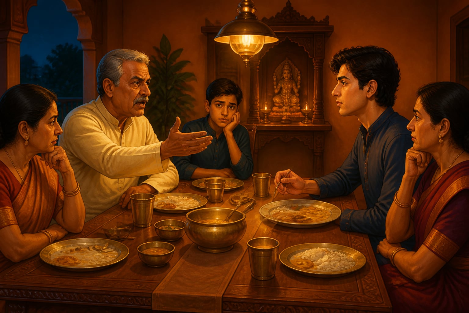Confident uncle making sweeping political claim at family dinner