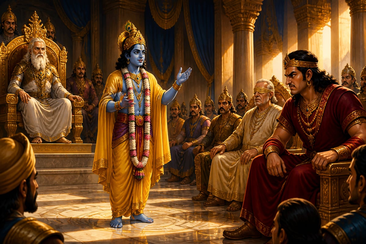 Krishna delivering peace counsel in Hastinapura assembly hall