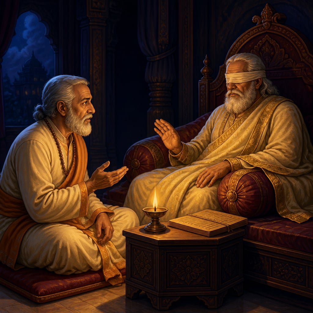 Vidura on a low cushion counselling the blind King Dhritarashtra by oil-lamp light