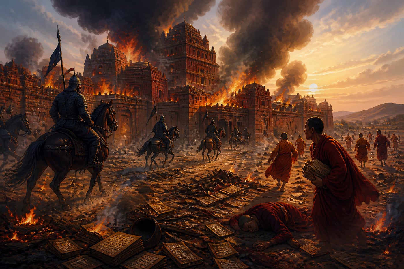 Bakhtiyar Khilji's cavalry burning Nalanda library in winter 1193