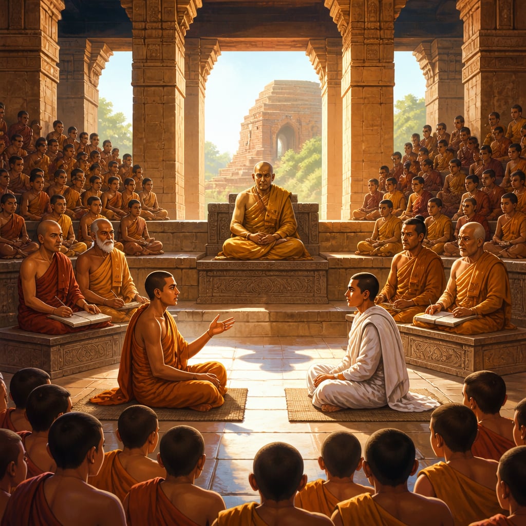 The grand stone debate hall of Nalanda Mahavihara filled with monks at midday