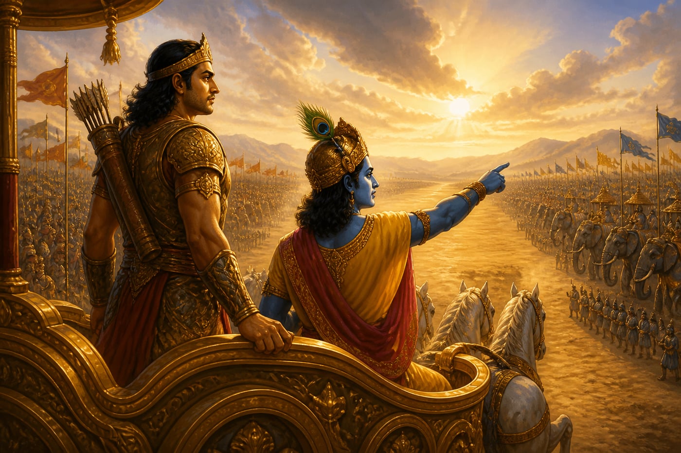 Arjuna scanning Kurukshetra battle-array with Krishna naming formations