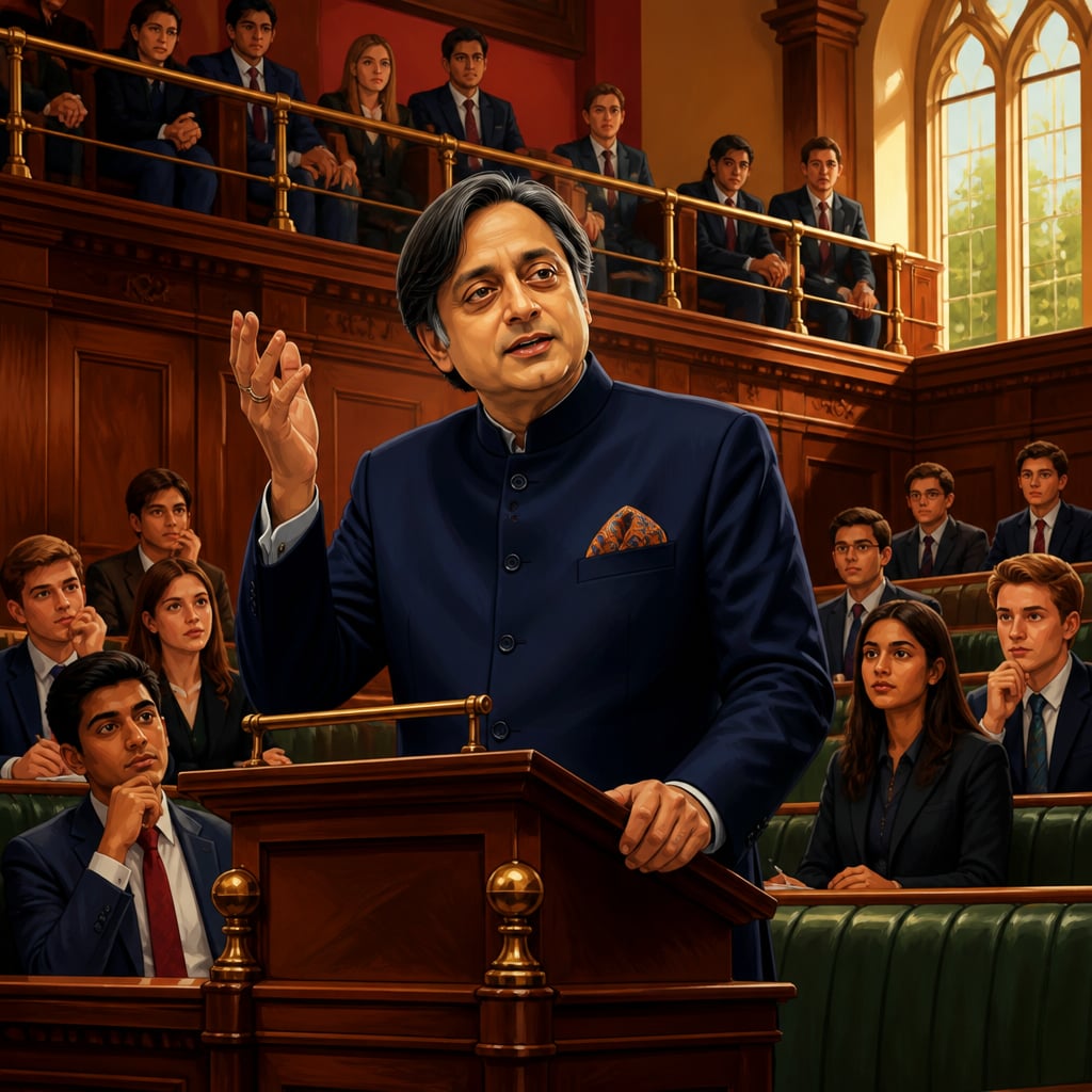 Shashi Tharoor at the Oxford Union podium delivering a measured argument