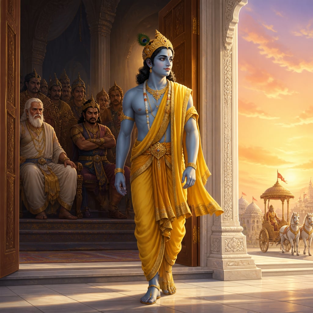 Krishna walking out of the Hastinapura assembly hall into the morning light