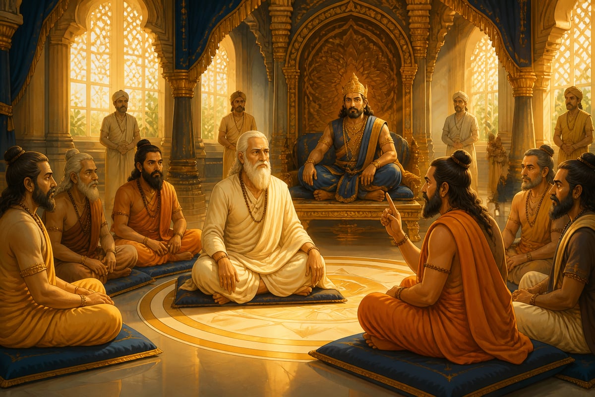 Yajnavalkya facing eight challengers in King Janaka's court