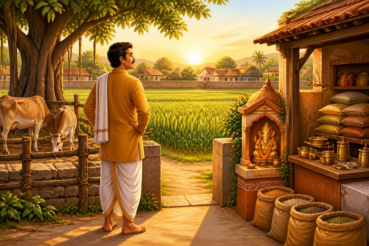 A Vaishya household with cattle, fields, and shop