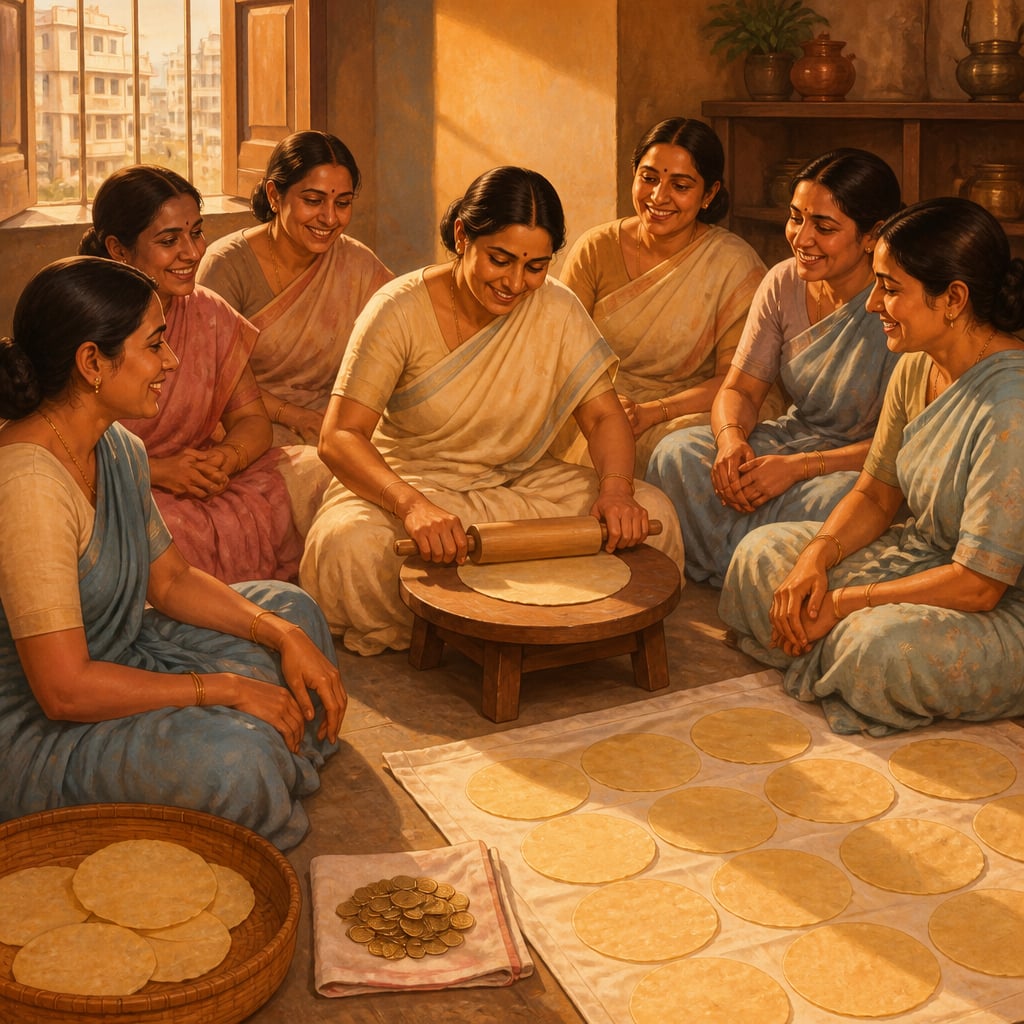 Seven Lijjat founders rolling papads in 1959