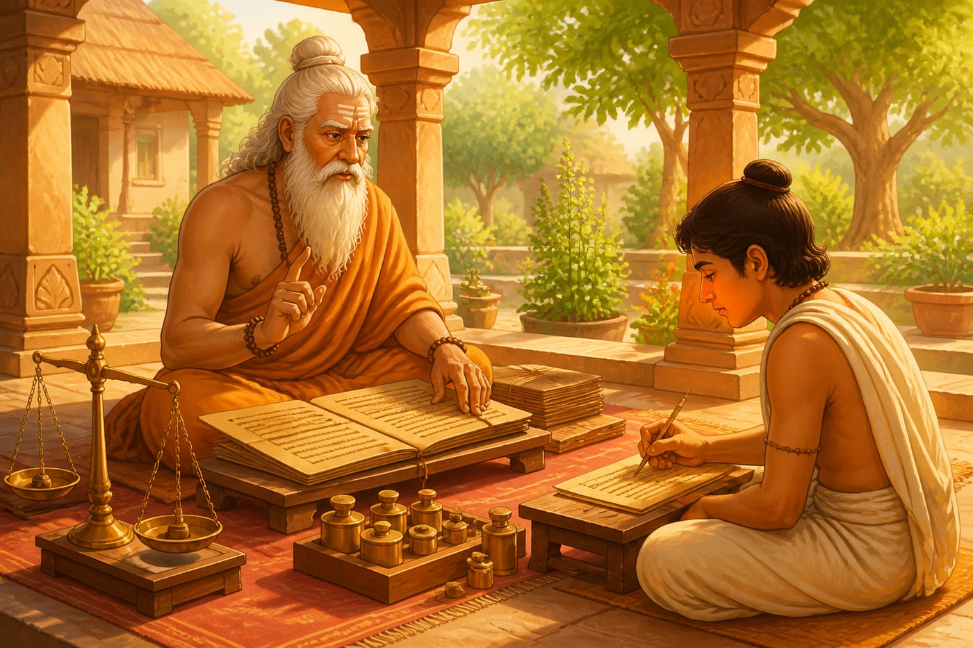 Sage Gautama codifying merchant ethics on palm-leaves
