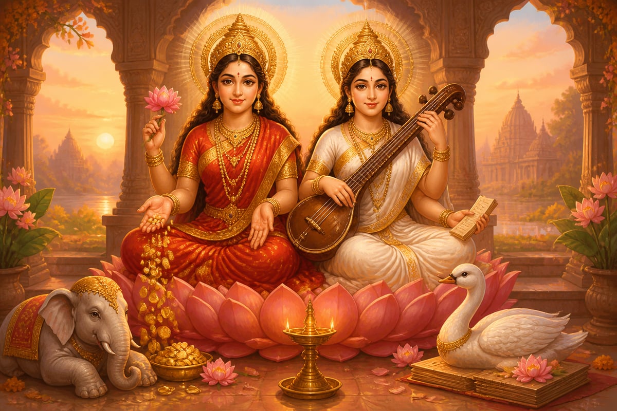 Lakshmi and Saraswati seated side by side