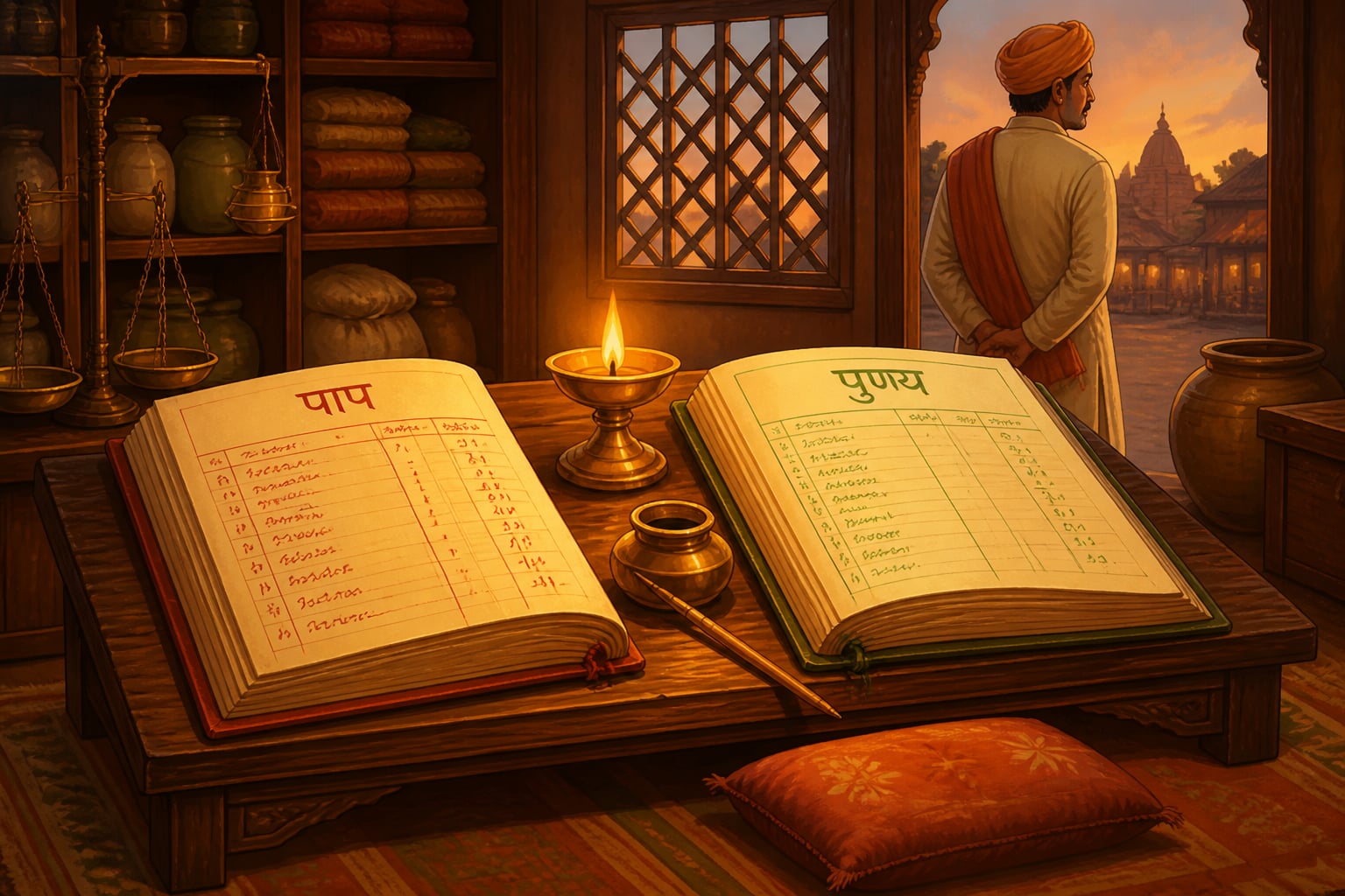 A merchant's paap and punya ledgers at dusk