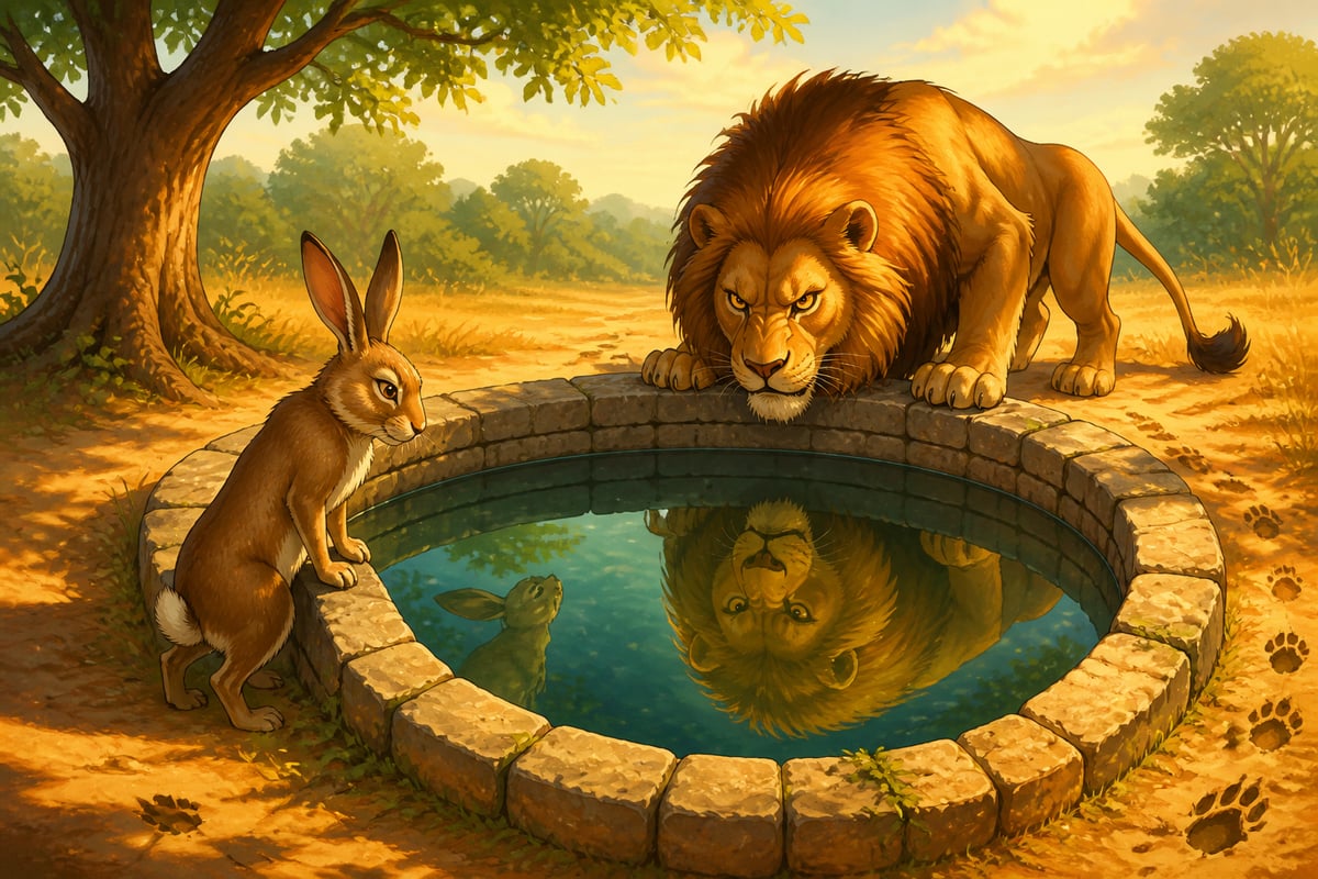 A clever rabbit at a well tricking a lion into his own reflection