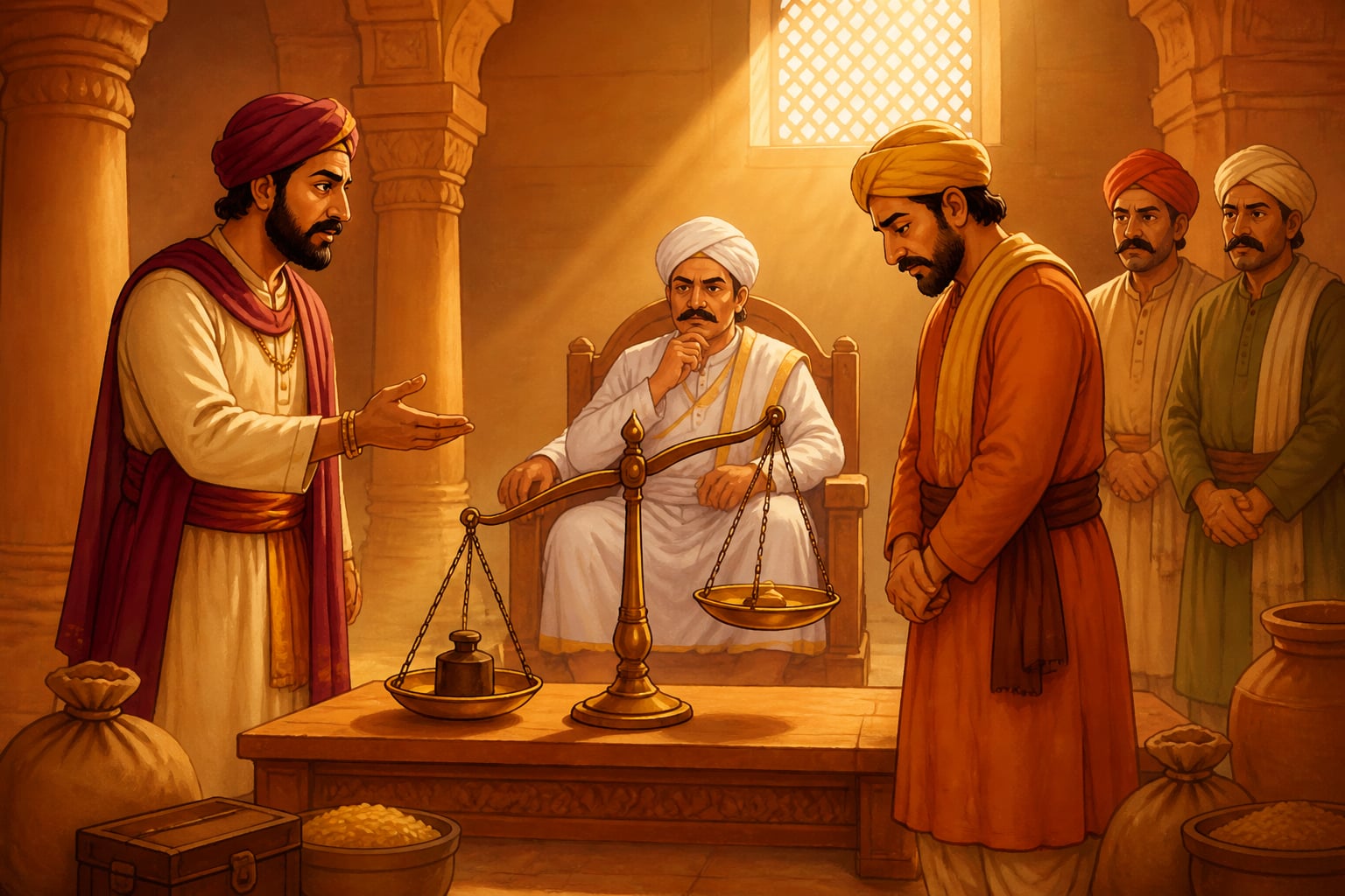 Two merchants arguing over a crooked weighing scale in court