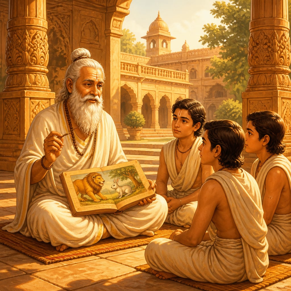 Vishnu Sharma teaching three Brahmin princes in the royal court