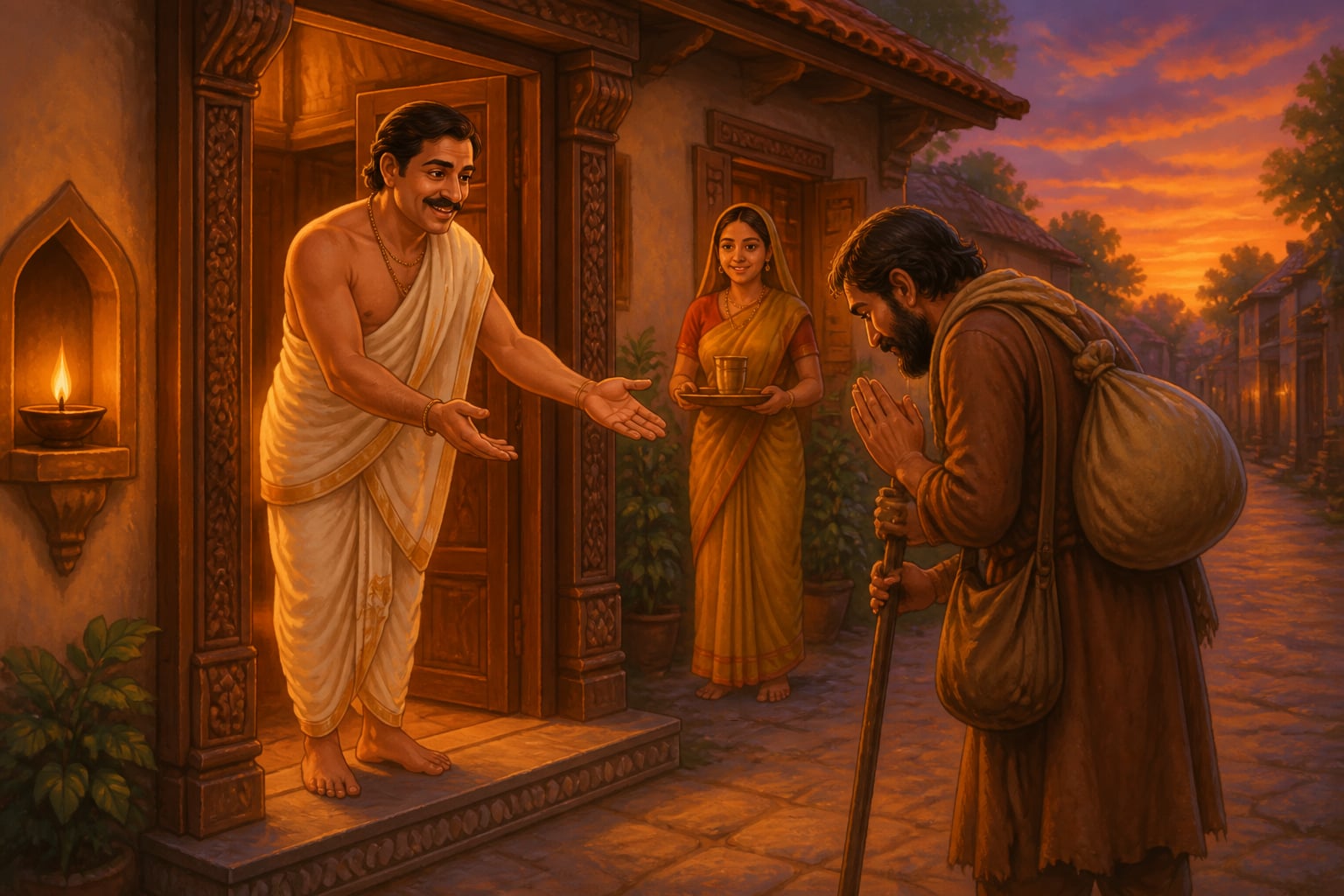 A merchant welcoming a weary traveler at his home threshold