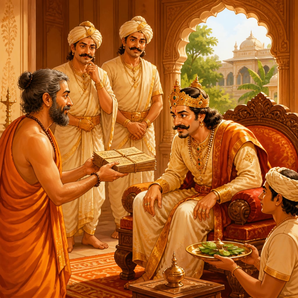 Scholar Narayana presenting his treatise to King Dhavalachandra of Bengal