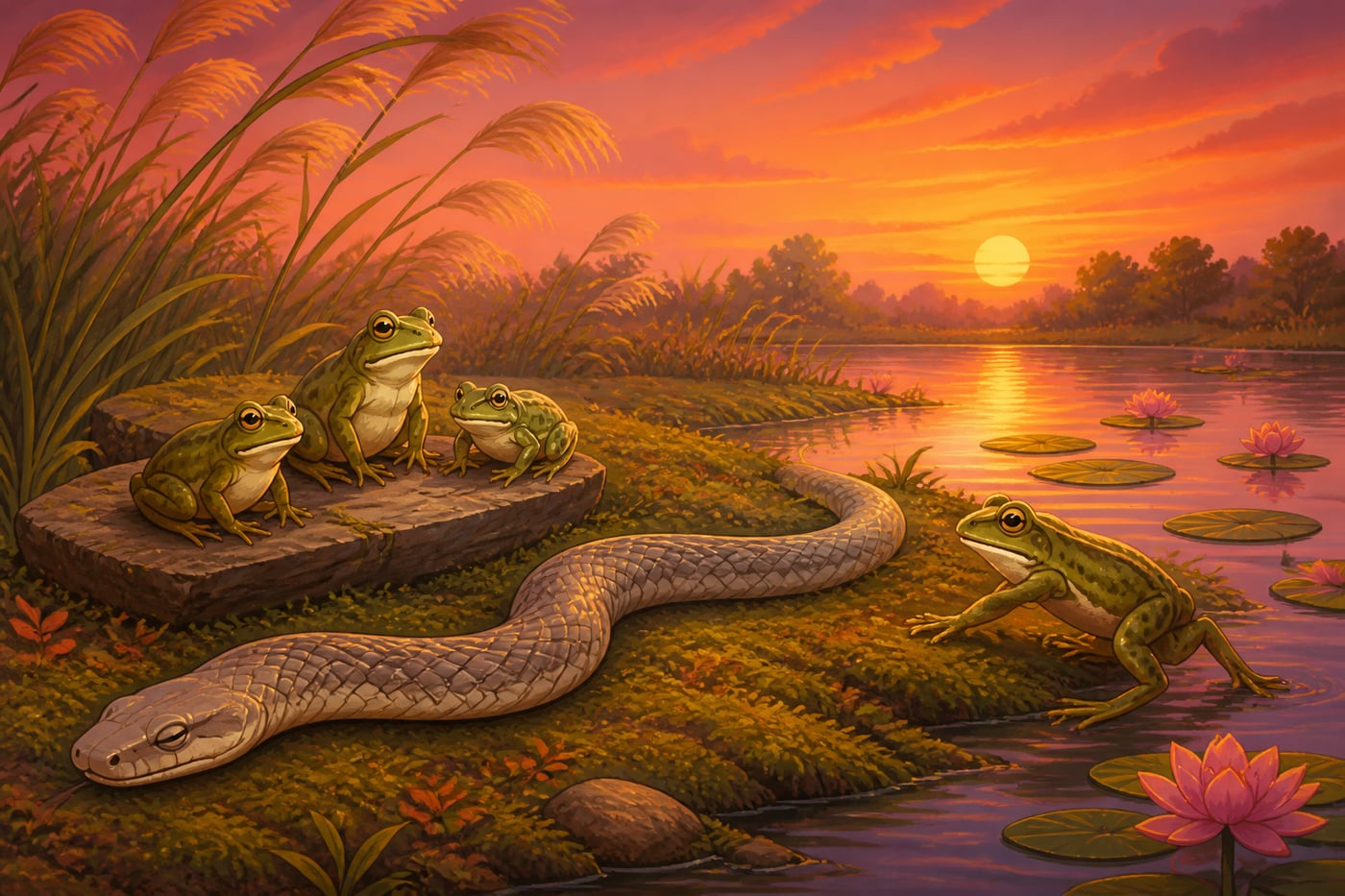 An old snake reclining among frogs at a pond's edge