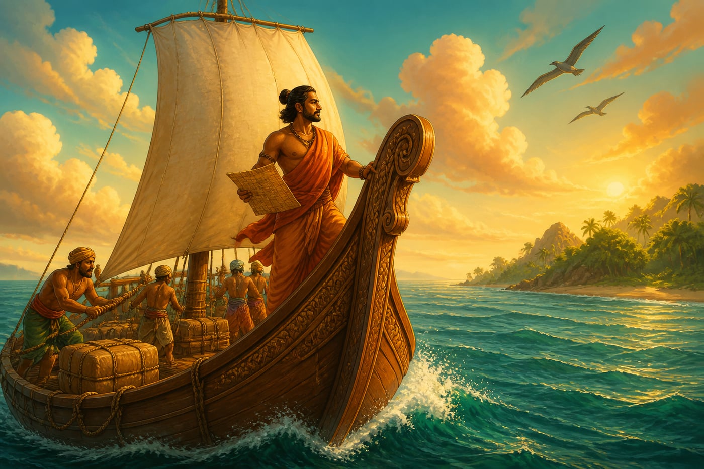 Saktideva sailing toward the Golden Island on a merchant ship