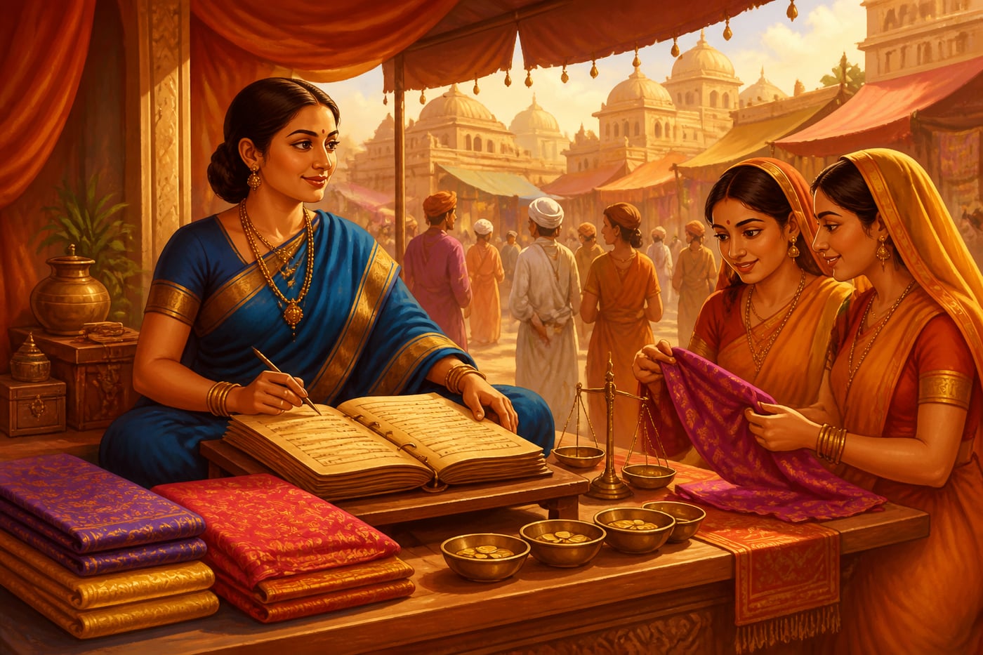 A woman merchant managing her market stall with ledger and scale