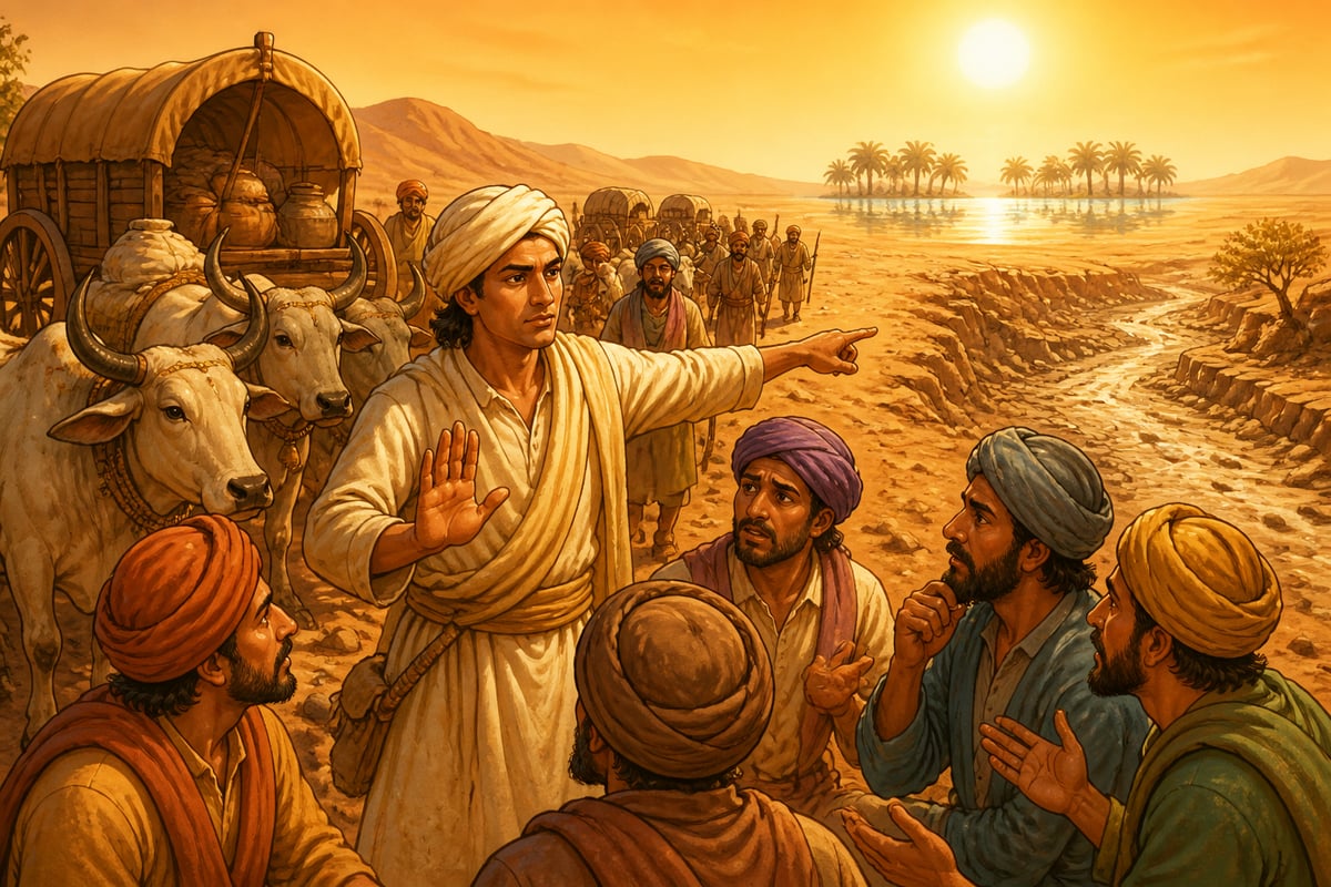A caravan leader halting his train at a false desert oasis
