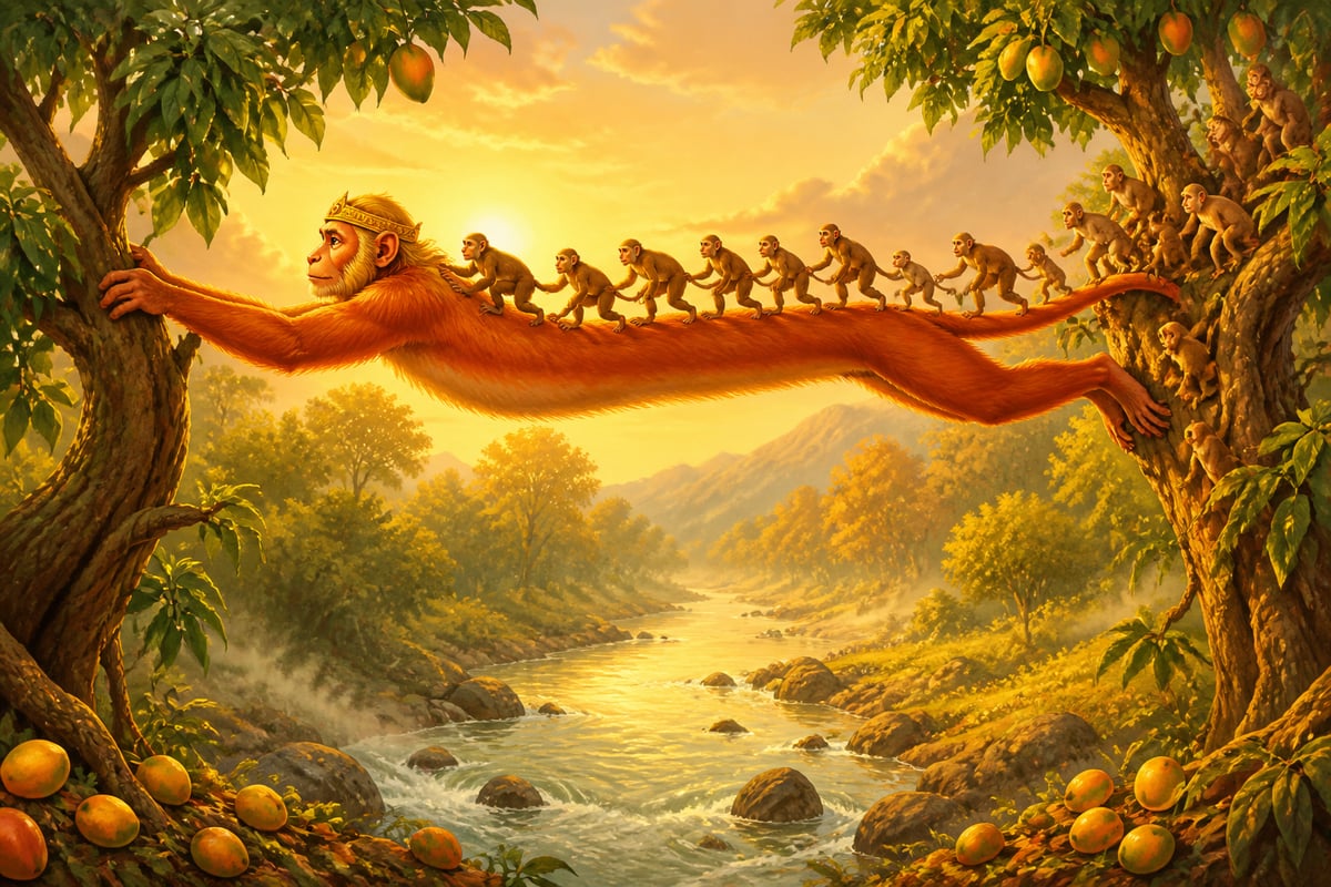 A monkey king stretching as a living bridge for his troop