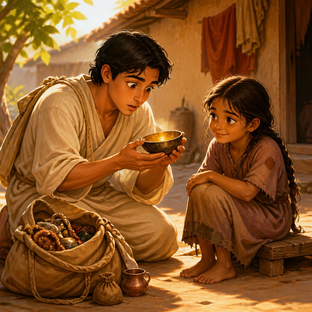 The Bodhisattva merchant Seriva discovering a golden bowl in a poor home