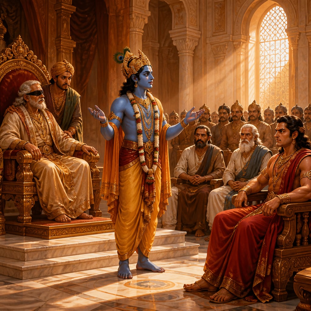 Krishna addressing the Kaurava court at Hastinapura on his peace mission
