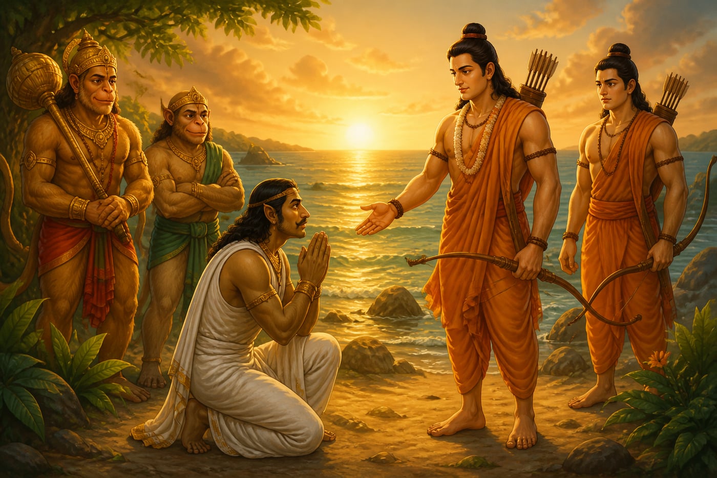 Vibhishana arriving at Rama's camp by the southern sea