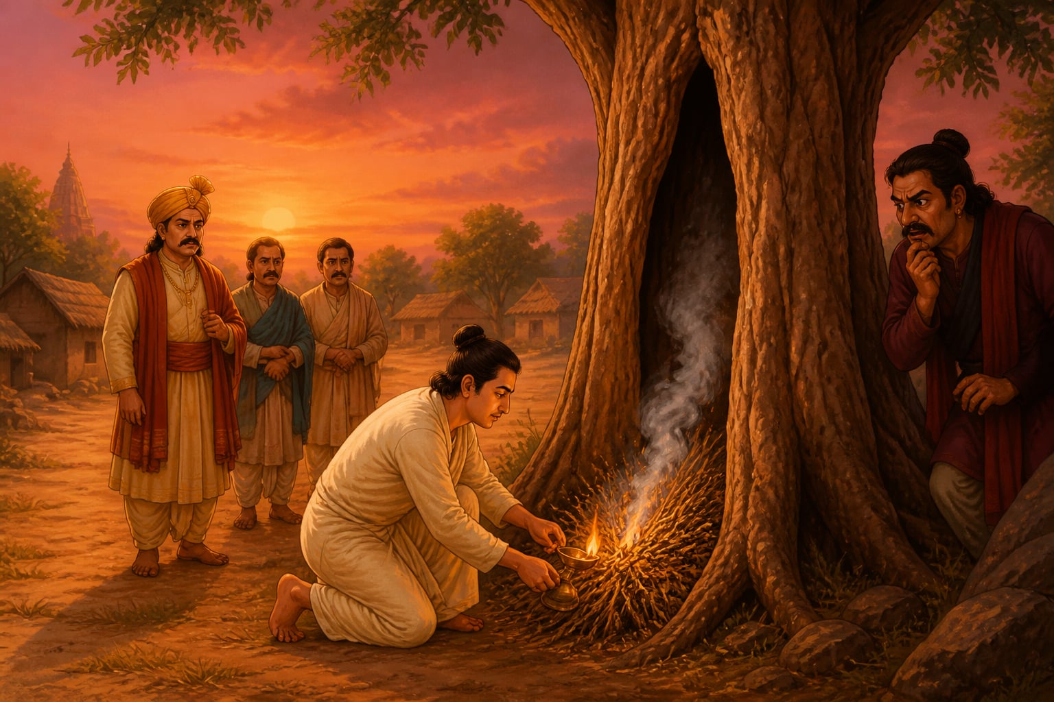 Dharmabuddhi lighting fire at the base of the hollow tree
