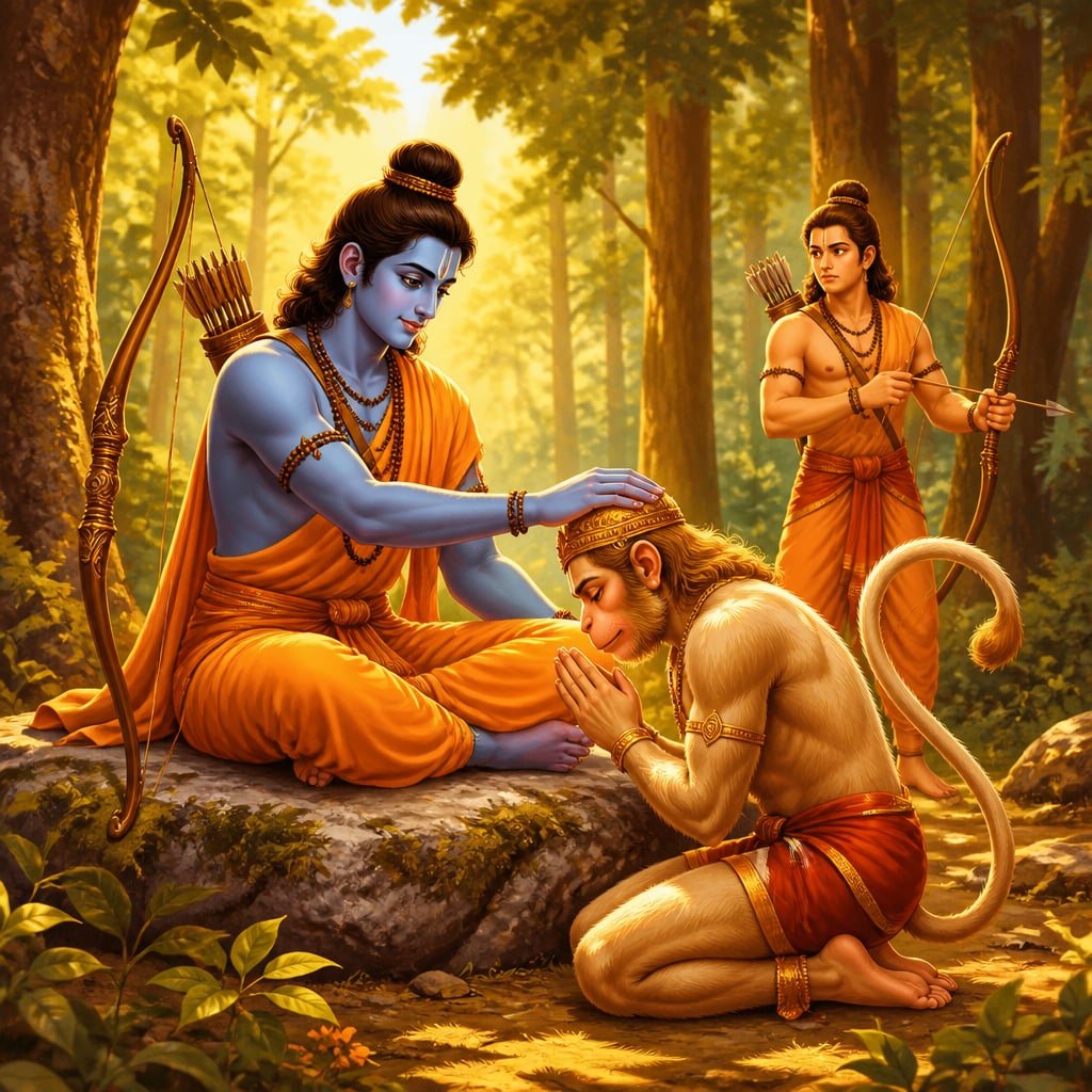 Rama placing his hand upon kneeling Hanuman in a forest clearing
