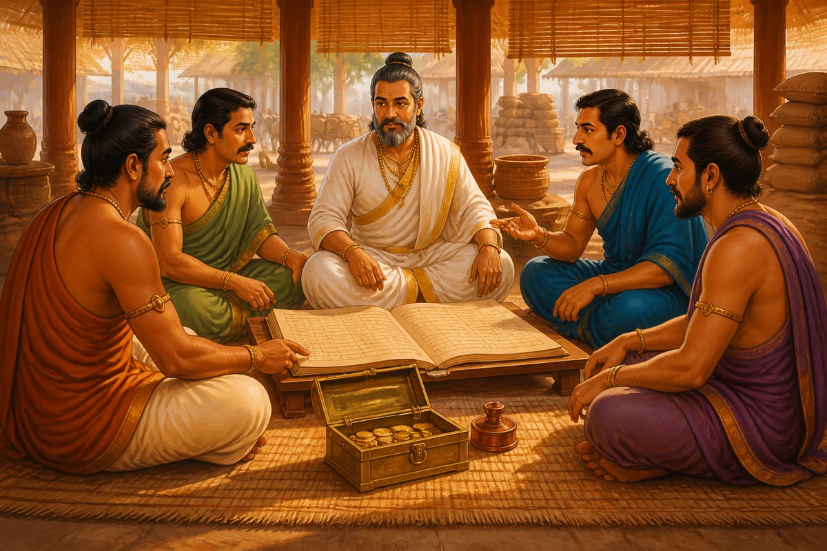 Members of a Mauryan-era shreni guild meeting in a trade hall