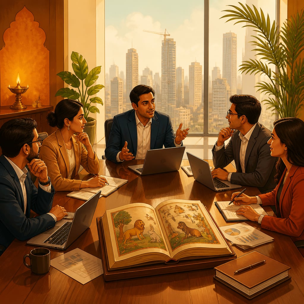 A modern Indian tech boardroom with the Panchatantra at the center
