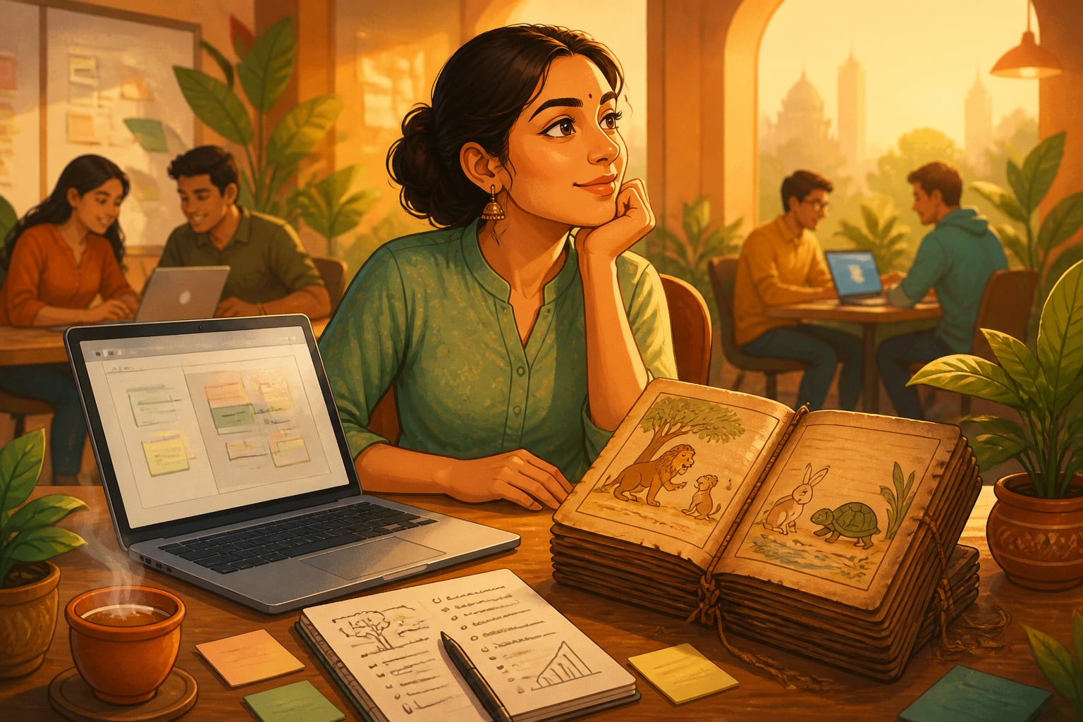 A young entrepreneur with laptop and palm-leaf Panchatantra at her desk