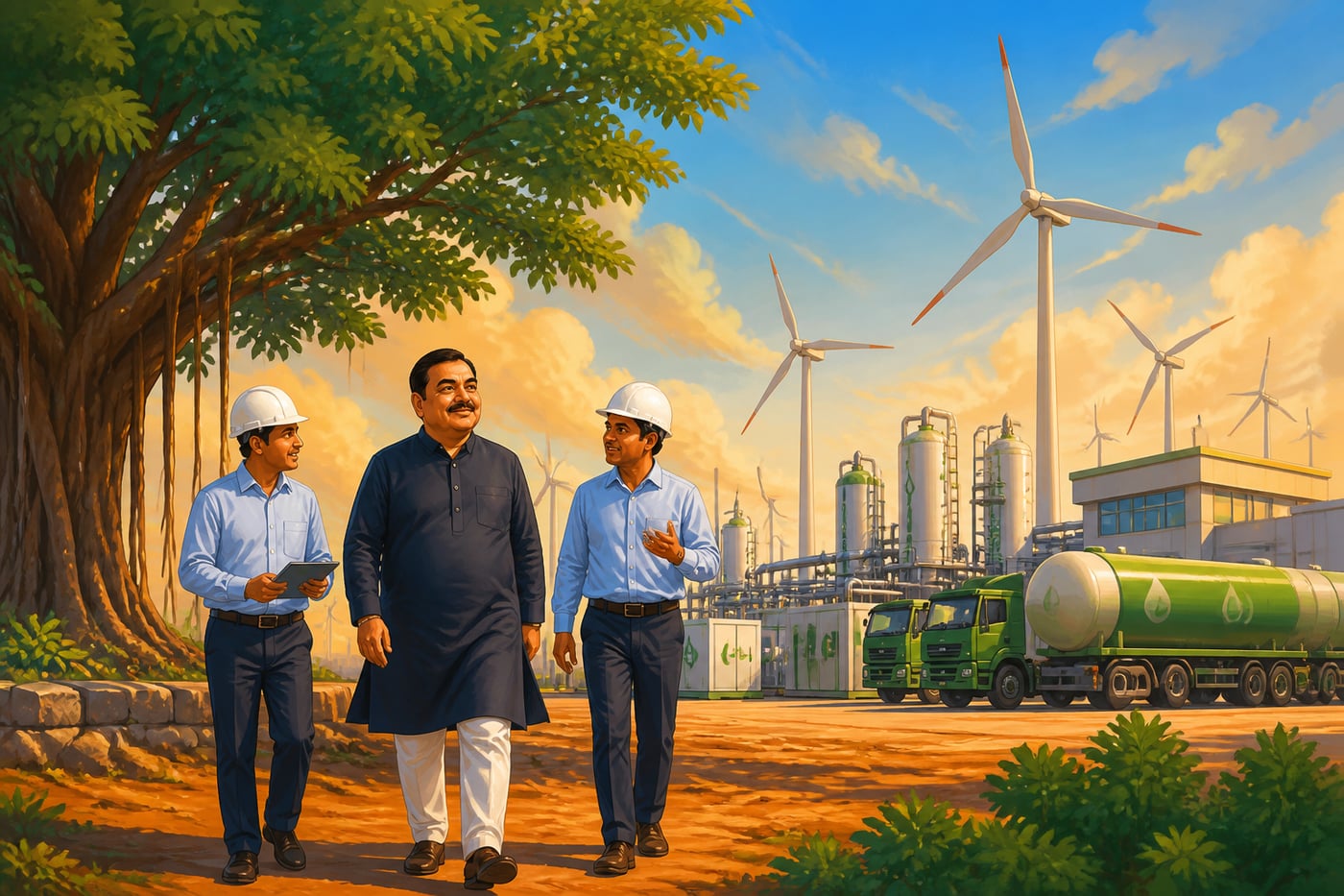 Gautam Adani walking a green hydrogen site in 2025 Gujarat