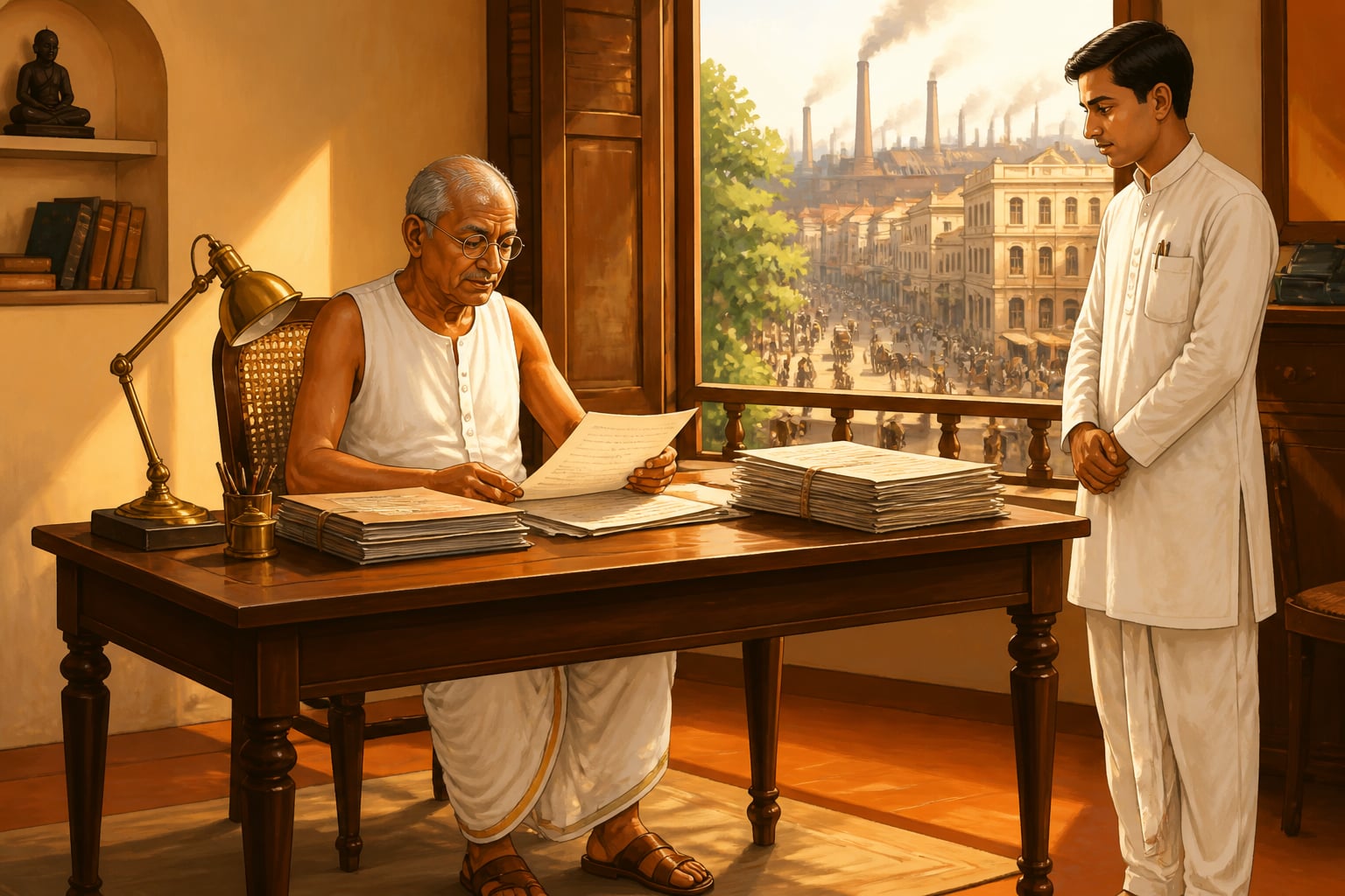 Ghanshyam Das Birla working in a plain dhoti at his Birla House office