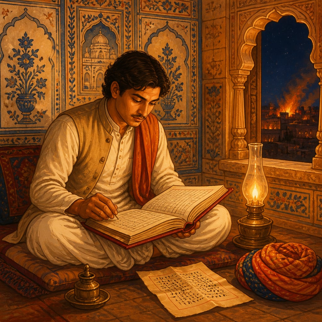 Nathmal Poddar reviewing his Shekhawati ledger by oil-lamp in 1857
