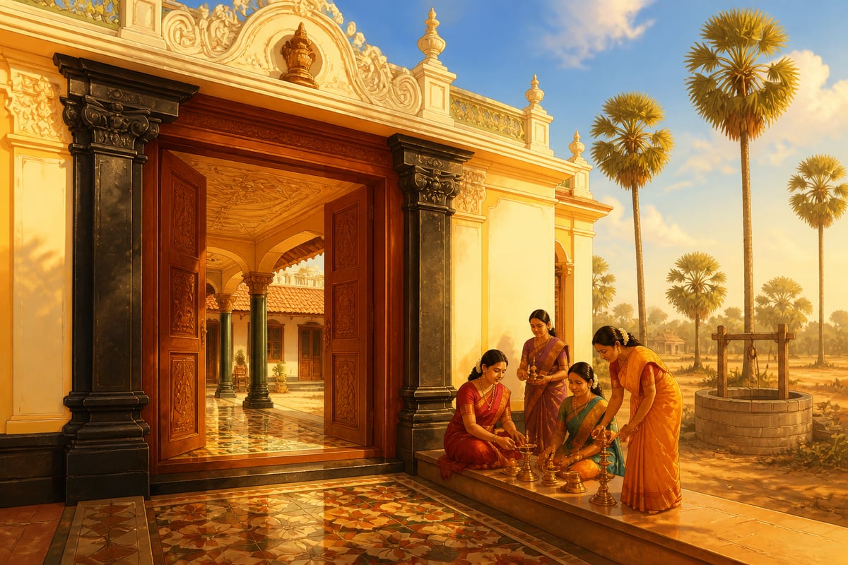 A grand Chettinad nattu-kottai mansion with women arranging brass lamps