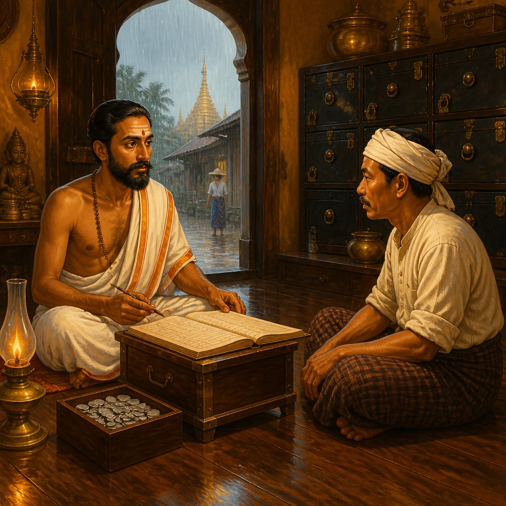 Ramanathan Chettiar lending to a Burmese rice farmer in his Rangoon shophouse