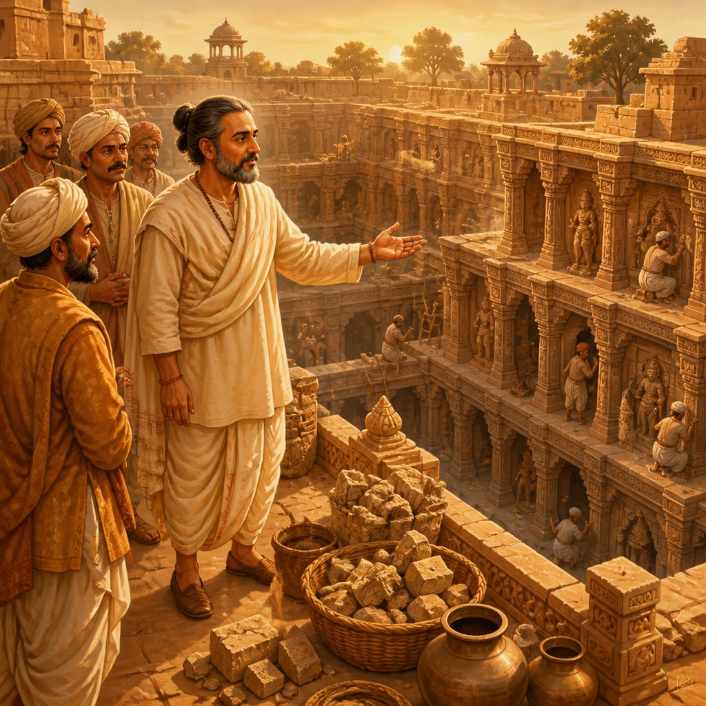 Jagdu Shah overseeing the construction of Rani ki Vav in 14th-century Patan