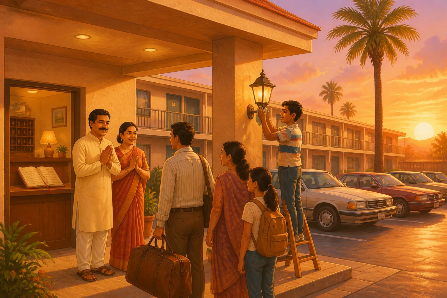 A Gujarati Patel family welcoming guests at their 1980s California motel