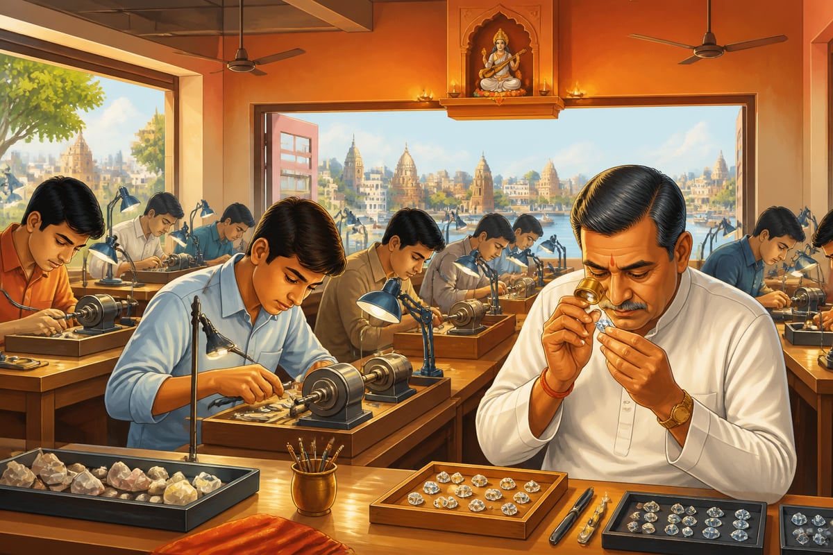 Young cutters polishing diamonds at a modern Surat workshop